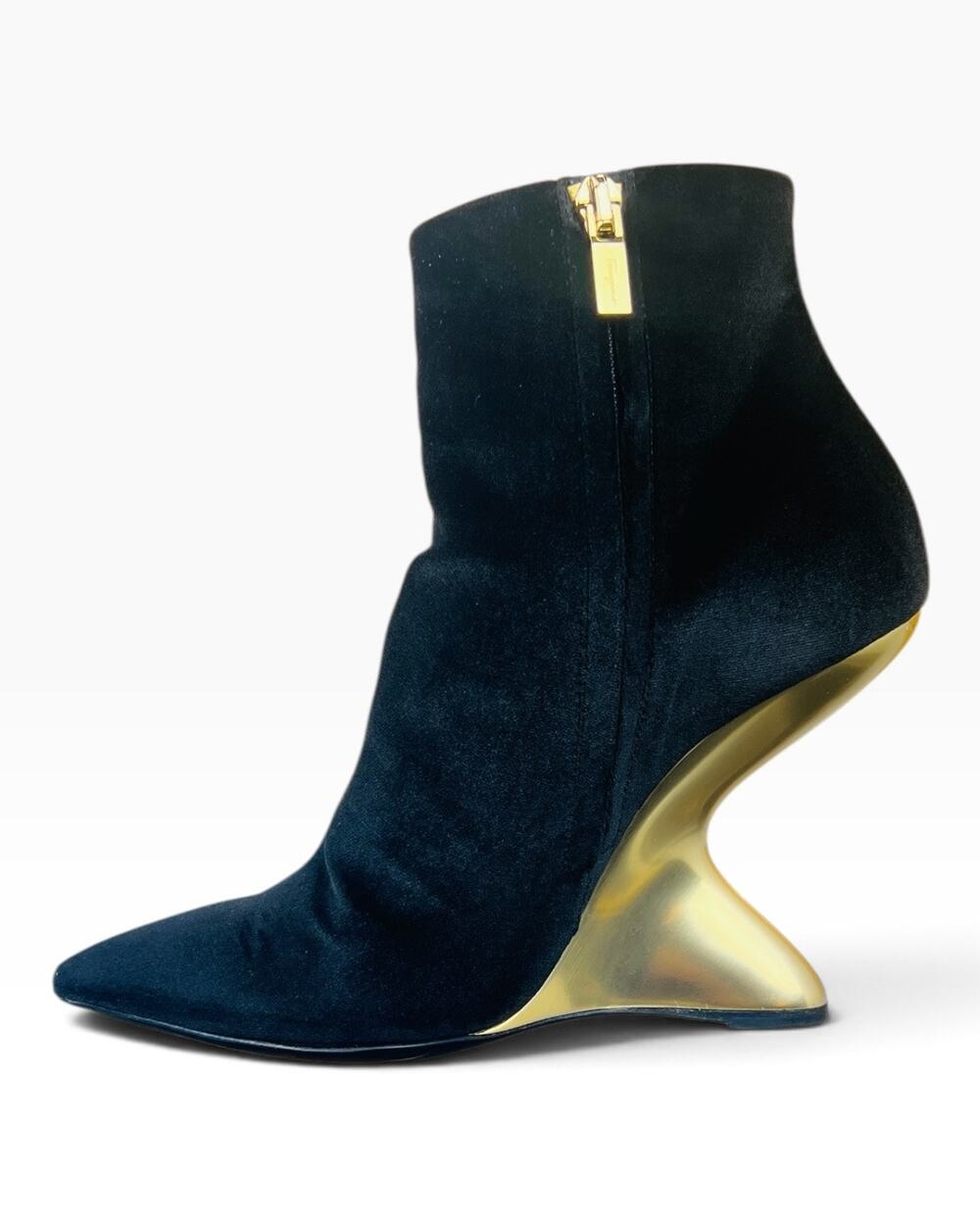 Salvatore Ferragamo Bolgheriv Black Velvet Gold F-Wedge Ankle Boots Size 7C